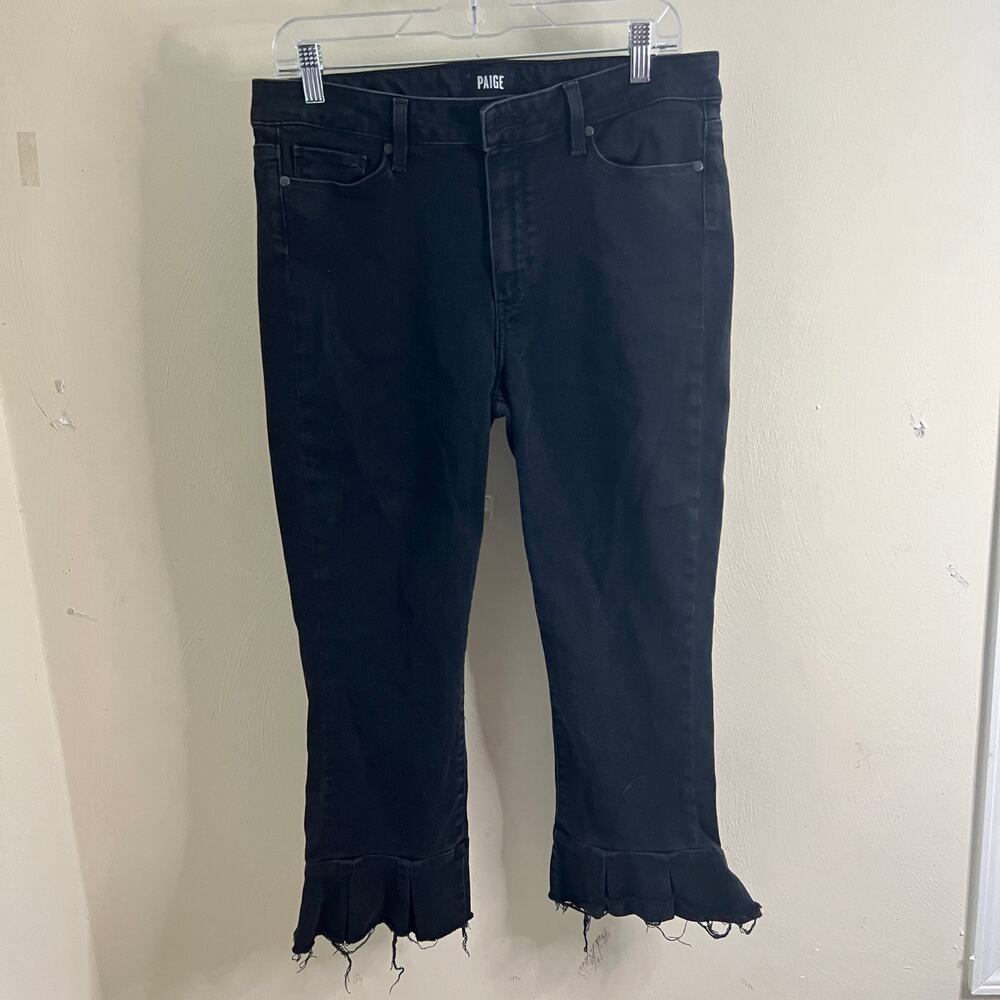 Paige Joannie Slim Jeans Black No Whiskers Ruffle Hem Cropped Women's Sz 31